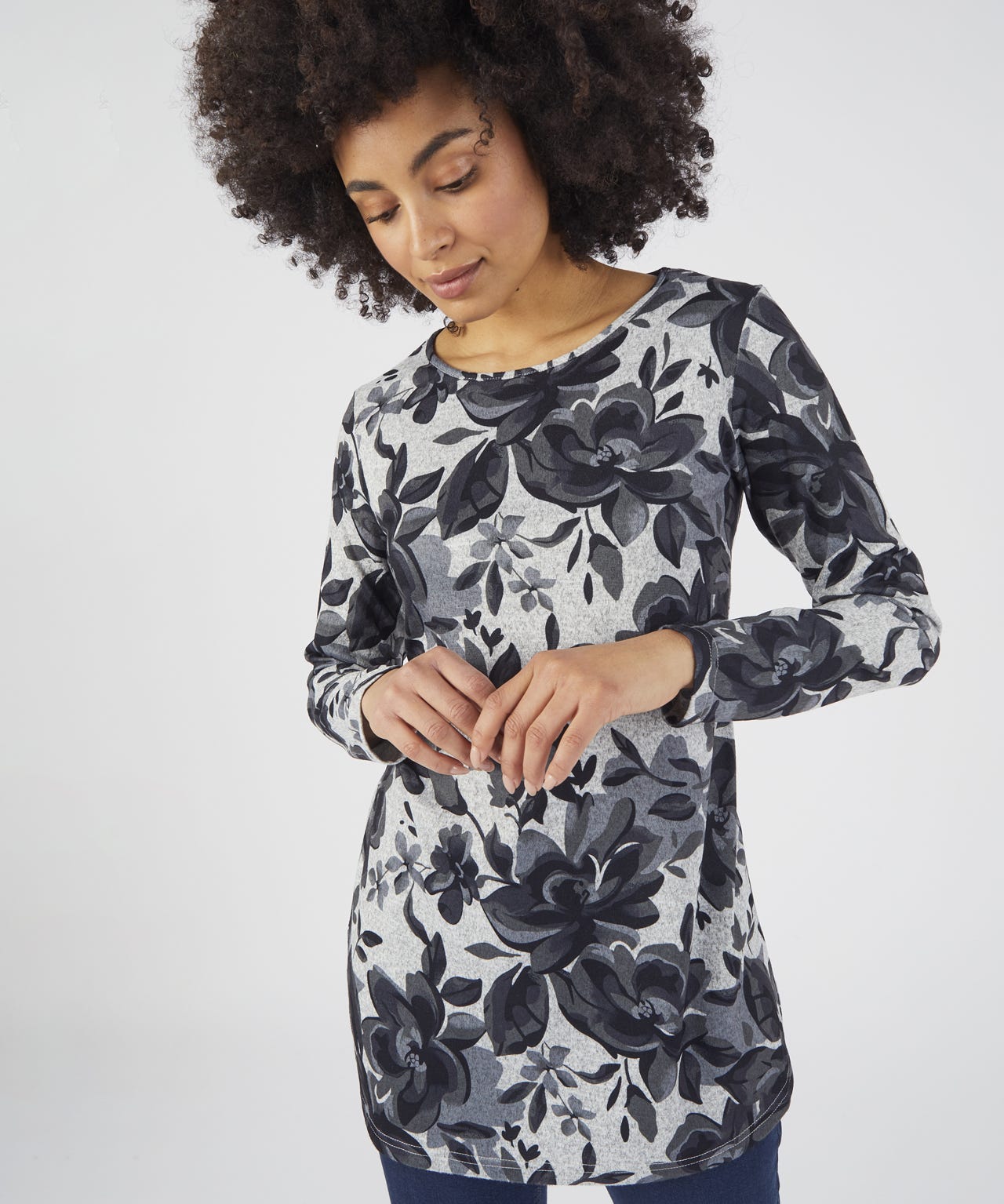 Floral Print Long Sleeved Brushed Tunic