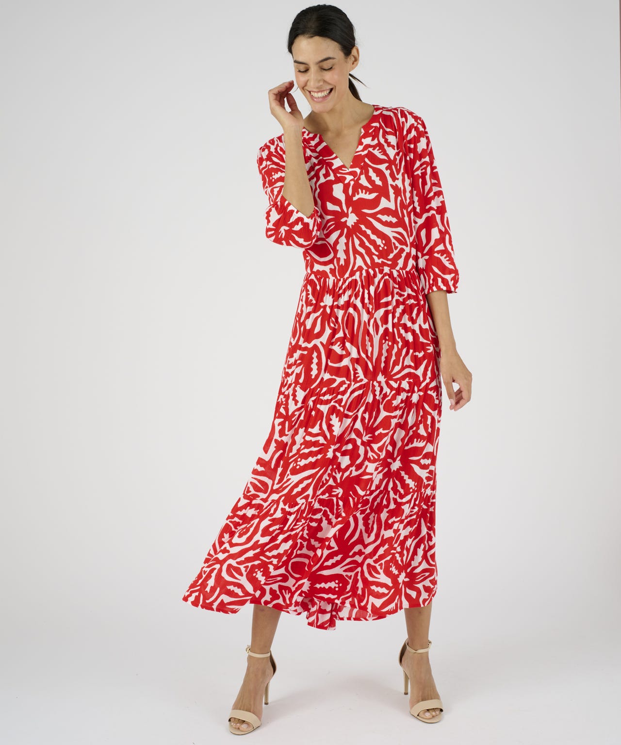 Tiered Red Print Dress