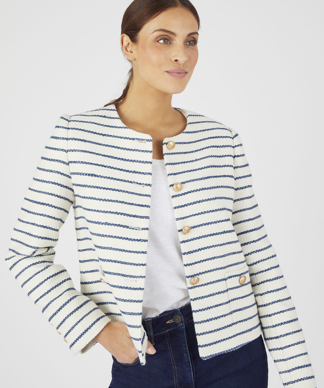 Collarless Stripe Tailored Jacket