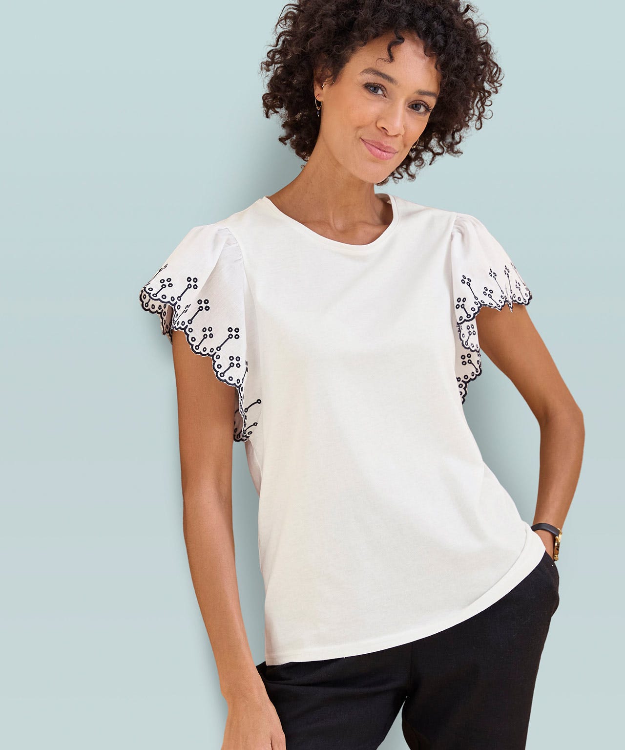 Embroidered Fluted Sleeve T-shirt