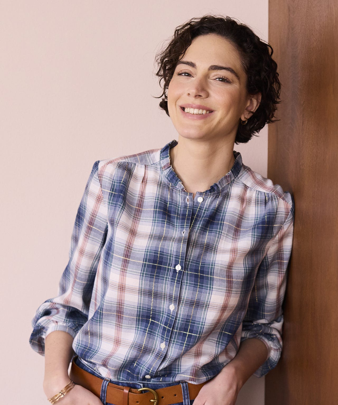 Check Frill Collar Blouse