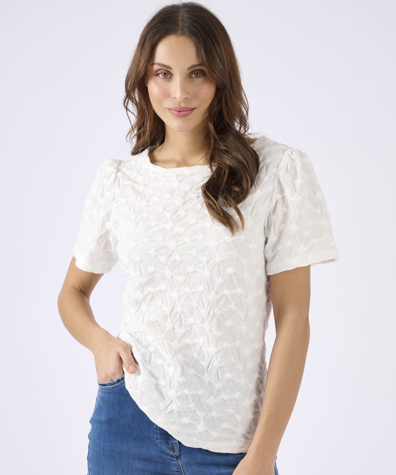 Textured Gathered Sleeve T-shirt