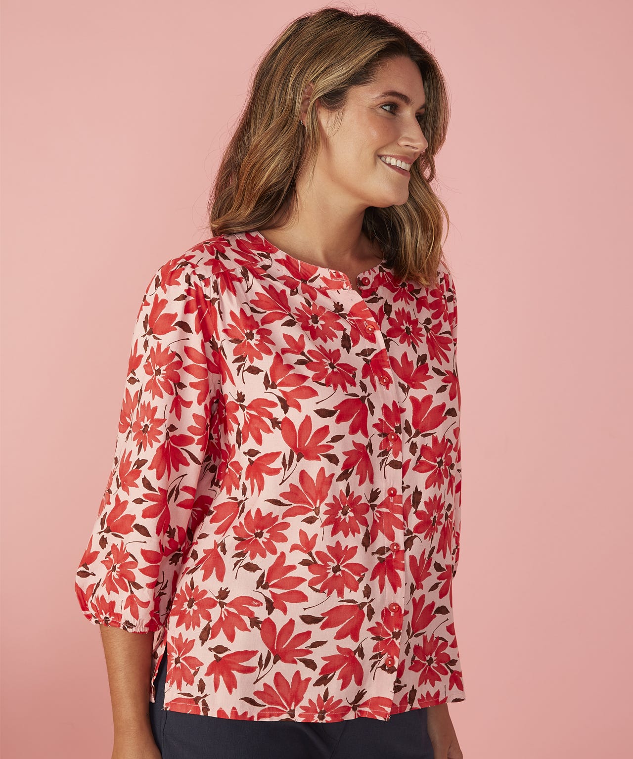 First Avenue - Print Button Through Collarless Blouse