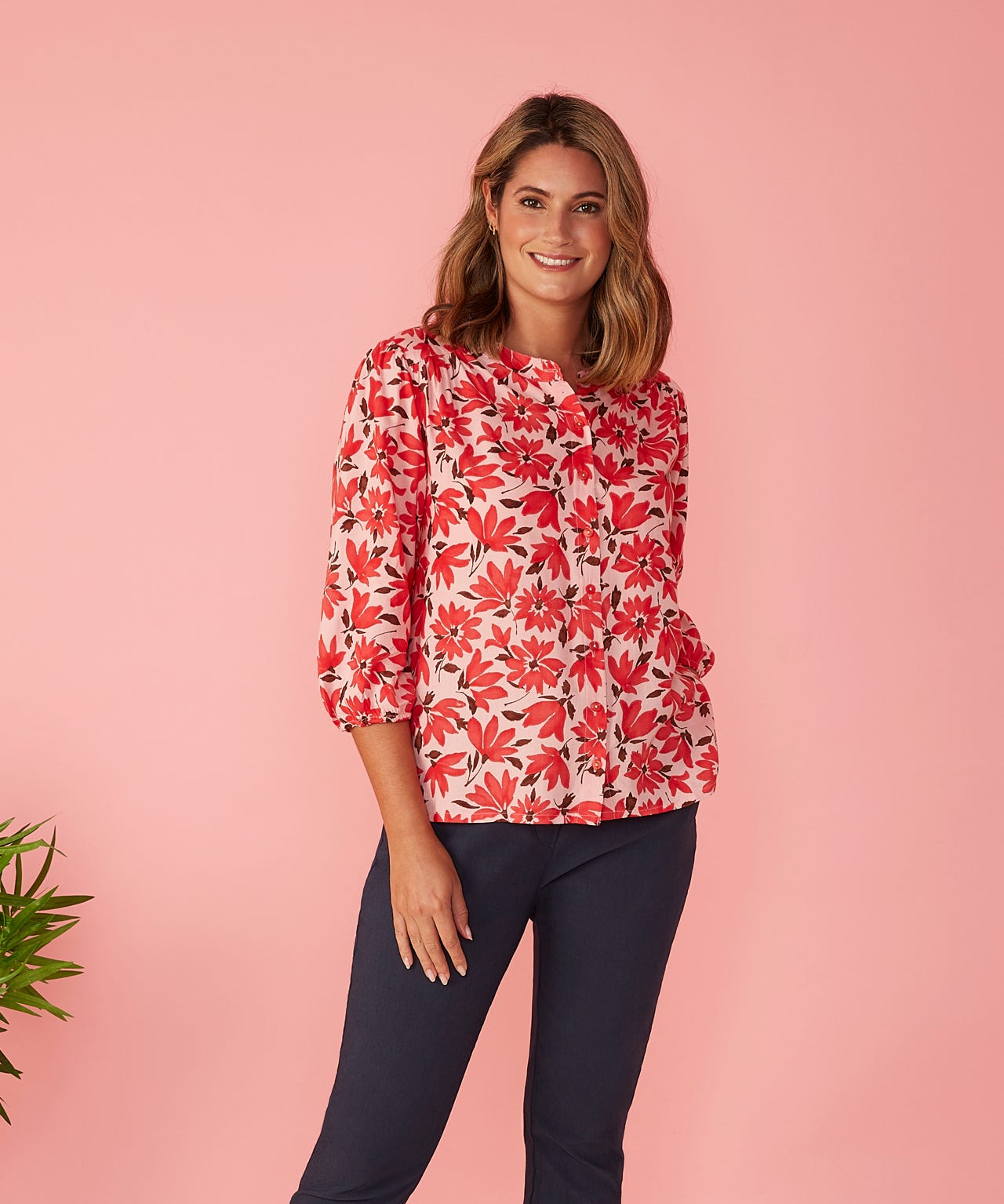 First Avenue - Print Button Through Collarless Blouse