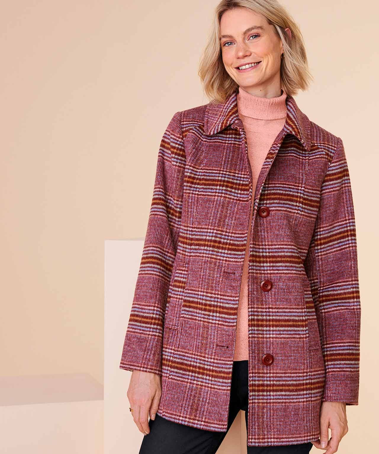 Check Wool Blend Coat