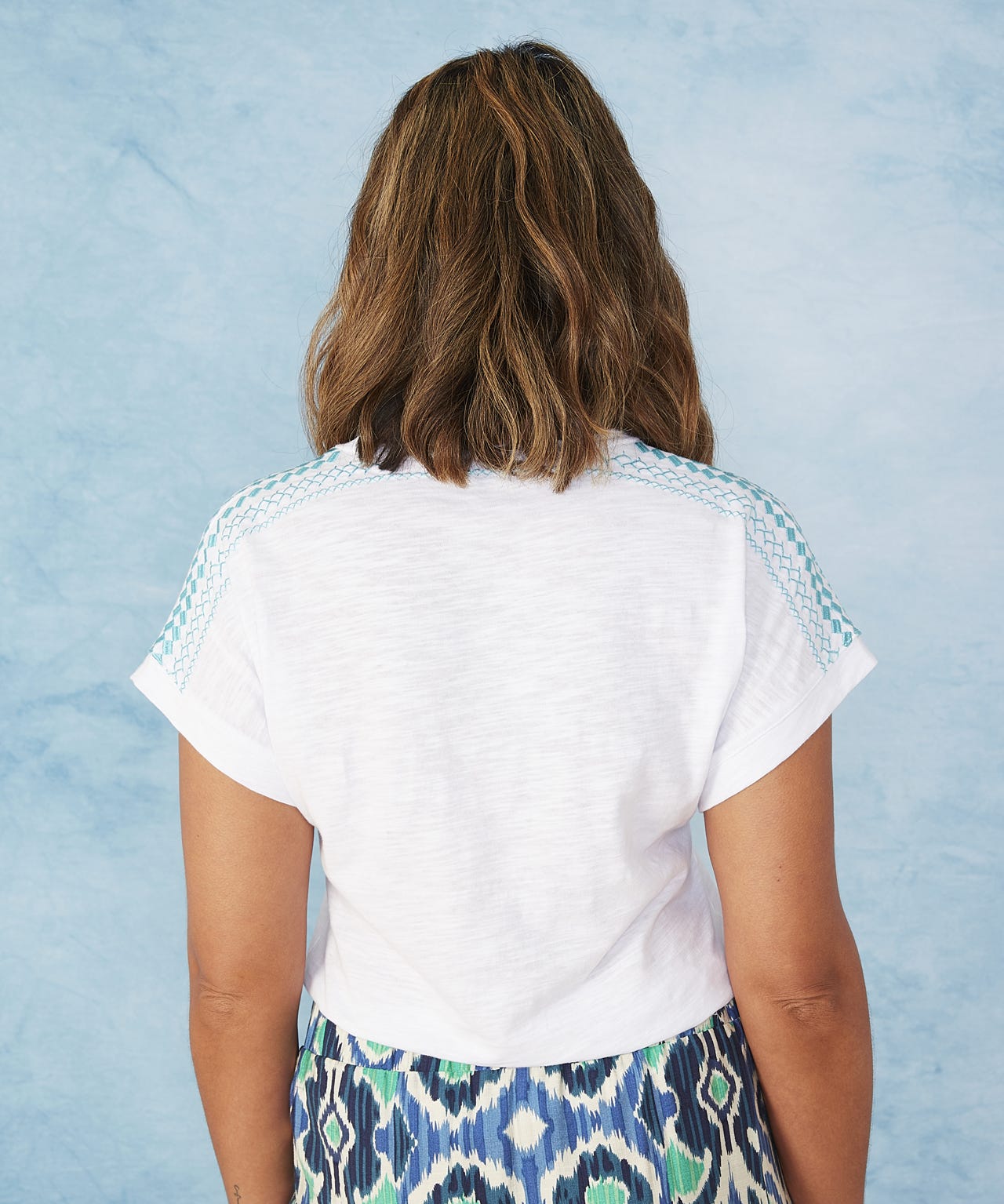 First Avenue - Embroidered Shoulder Cotton Slub V Neck Tee