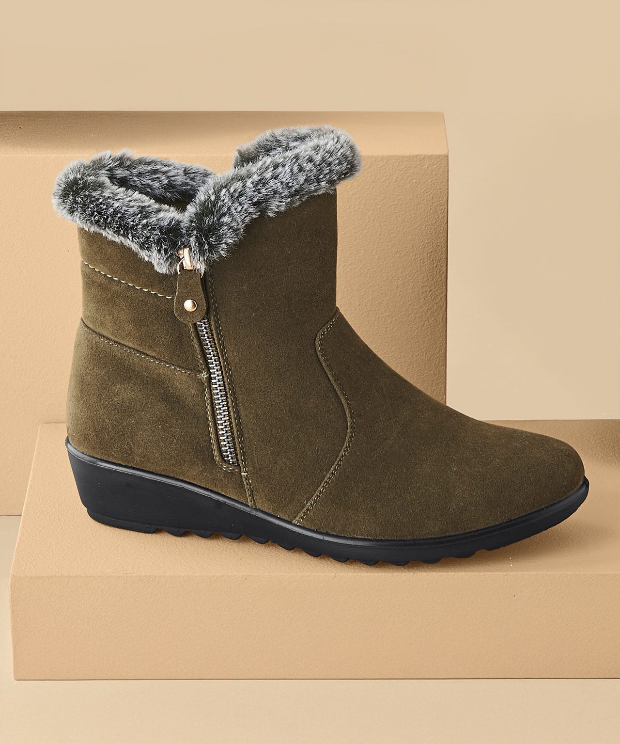 Cushion-walk Faux Fur Trim Ankle Boots