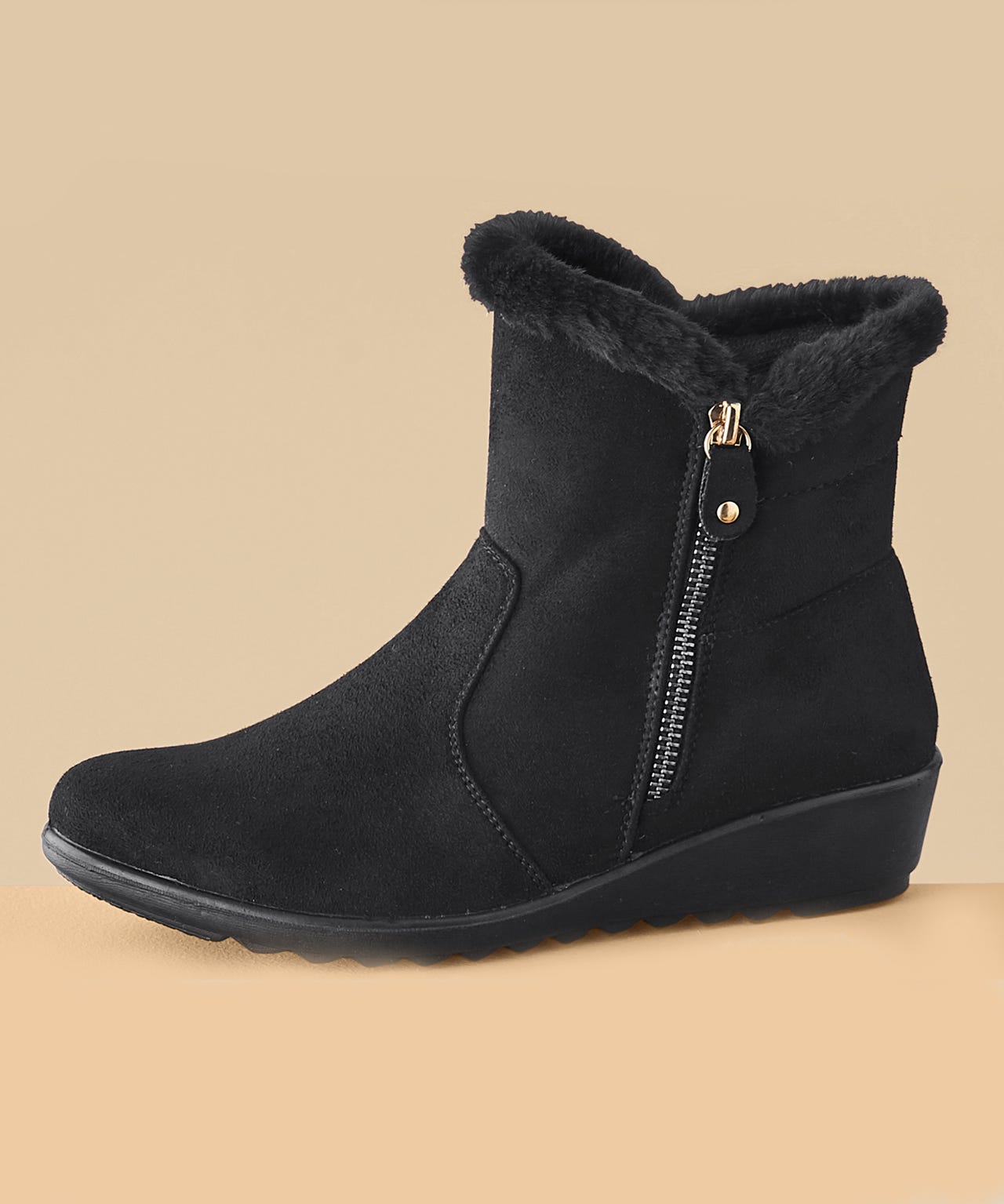 Cushion-walk Faux Fur Trim Ankle Boots