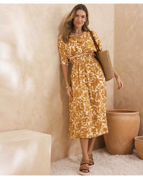 Print Dress With Smock Detail Waist