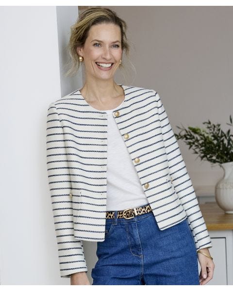 Collarless Stripe Tailored Jacket
