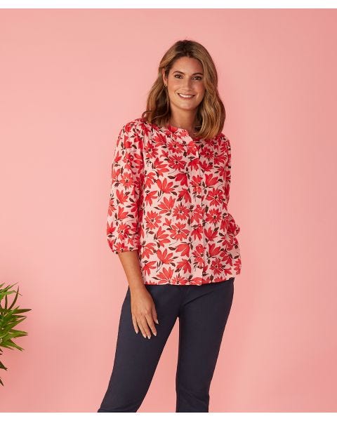 First Avenue - Print Button Through Collarless Blouse